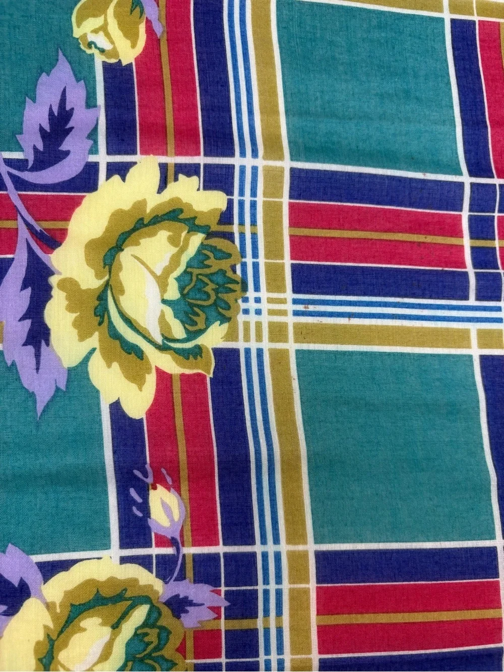 Vintage Kenzo Tokyo Cotton Scarf Plaid Teal Yellow Floral 28” Japan